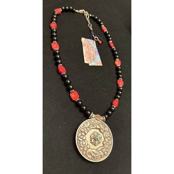 Onyx, Coral, and Silver 18-inch Necklace w/Turquoise, Coral, and Silver Pendant - Picture 1 of 5